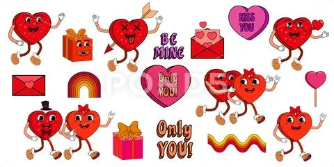 Groovy Valentine Day icon sticker set trendy vintage 70s ~ Clip