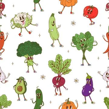 Groovy vegetable character seamless tile pattern Stock Illustration