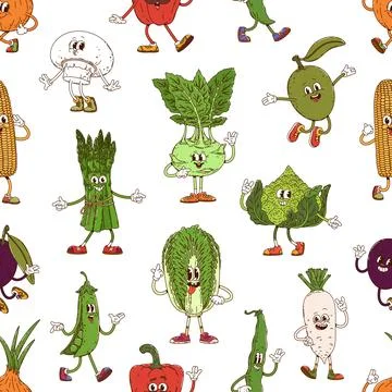 Groovy vegetable funny characters seamless pattern 스톡 일러스트