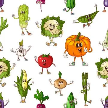 Groovy vegetables characters seamless pattern Stock Illustration
