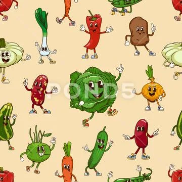 Groovy vegetables characters seamless pattern Stock Illustration