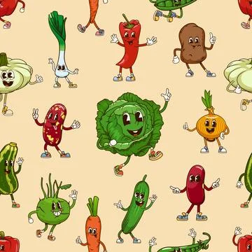 Groovy vegetables characters seamless pattern Illustrazione stock