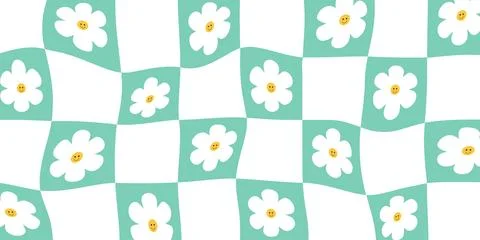 Groovy Wavy Checkerboard Pattern Large Square with Cute Flower In Green Mes.. Stock Illustration