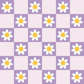 Groovy y2k checkered seamless pattern with white daisy flower head in flat .. Stock Illustration