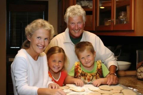 Großeltern und Enkelkinder backen gemeinsam Kekse und teilen Lächeln und E. Stock Photos
