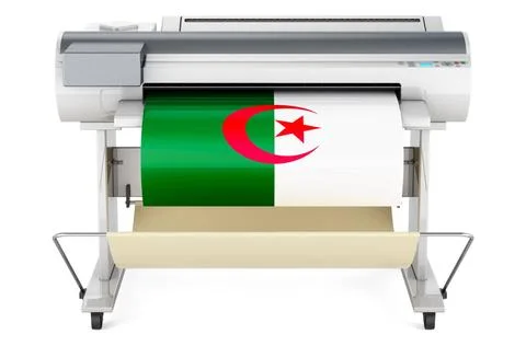 Großformatdrucker, Plotter mit algerischer Flagge. 3D-Rendering Wide forma.. Foto stock
