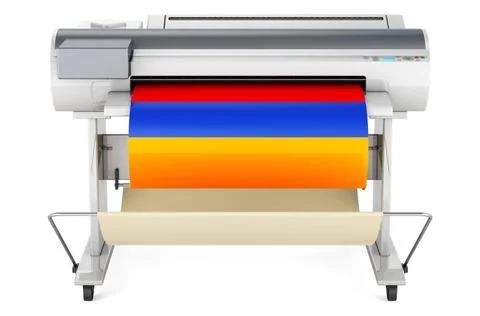 Großformatdrucker, Plotter mit armenischer Flagge. 3D-Rendering Wide forma.. Fotos de archivo