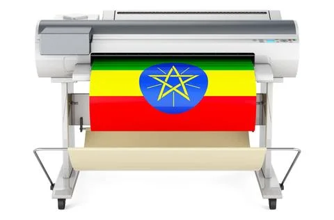 Großformatdrucker, Plotter mit äthiopischer Flagge. 3D-Rendering Wide form. Stock Photos