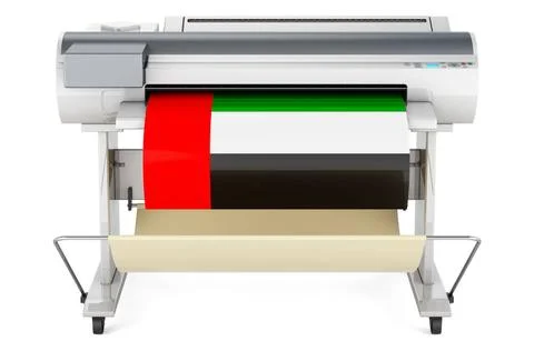Großformatdrucker, Plotter mit der Flagge der Vereinigten Arabischen Emira.. Stock Photos