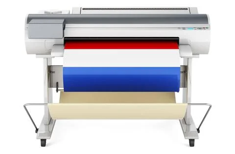 Großformatdrucker, Plotter mit der niederländischen Flagge. 3D-Rendering W. Foto stock