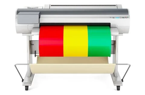 Großformatdrucker, Plotter mit guineischer Flagge. 3D-Rendering Wide forma.. Fotos de archivo