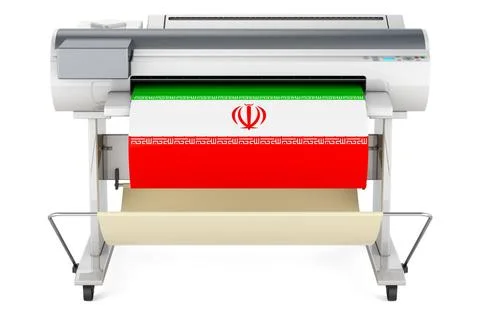 Großformatdrucker, Plotter mit iranischer Flagge. 3D-Rendering Wide format.. Stock Photos