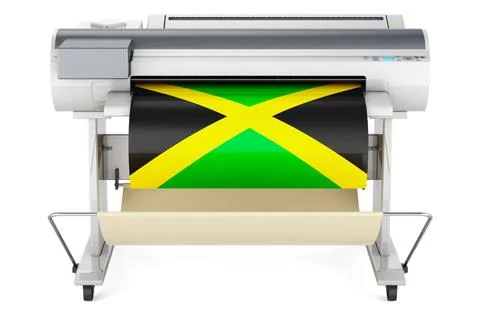 Großformatdrucker, Plotter mit jamaikanischer Flagge. 3D-Rendering Wide fo.. Fotos de archivo