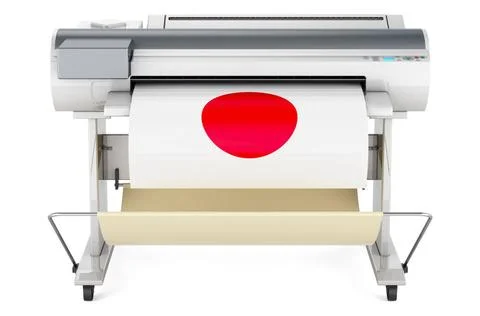 Großformatdrucker, Plotter mit japanischer Flagge. 3D-Rendering Wide forma.. Fotos de archivo