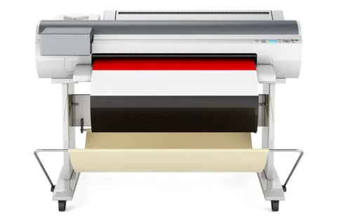 Großformatdrucker, Plotter mit jemenitischer Flagge. 3D-Rendering Großform. Stock Photos