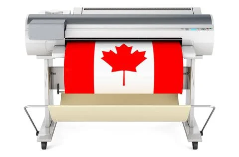 Großformatdrucker, Plotter mit kanadischer Flagge. 3D-Rendering Wide forma.. Stock Photos