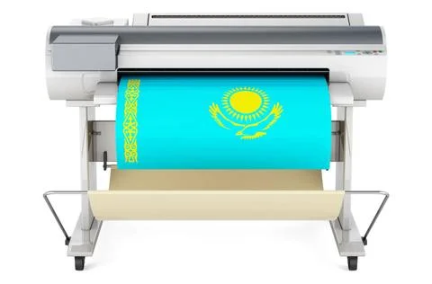 Großformatdrucker, Plotter mit kasachischer Flagge. 3D-Rendering Wide form.. Stock Photos