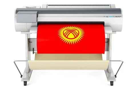 Großformatdrucker, Plotter mit kirgisischer Flagge. 3D-Rendering Wide form.. Stock Photos