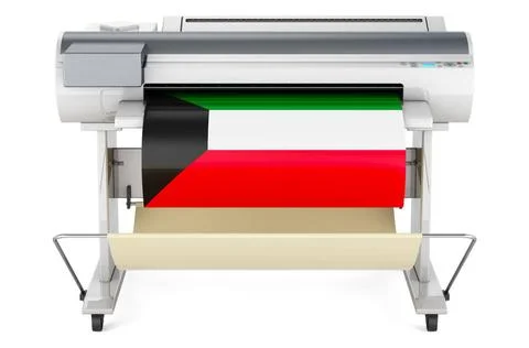 Großformatdrucker, Plotter mit kuwaitischer Flagge. 3D-Rendering Wide form.. Fotos de archivo
