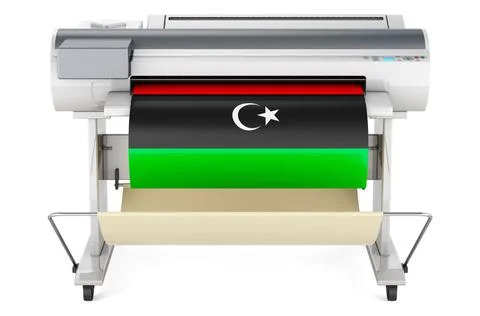 Großformatdrucker, Plotter mit libyscher Flagge. 3D-Rendering Wide format .. Stock Photos