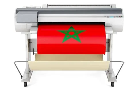 Großformatdrucker, Plotter mit marokkanischer Flagge. 3D-Rendering Großfor. Fotos de archivo