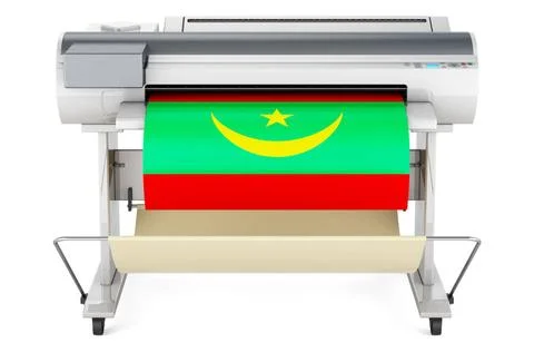 Großformatdrucker, Plotter mit mauretanischer Flagge. 3D-Rendering Wide fo.. Foto stock