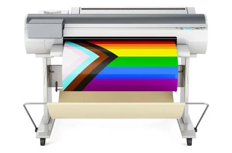 Großformatdrucker, Plotter mit moderner LGBTQ-Flagge. 3D-Rendering Wide fo.. Foto stock