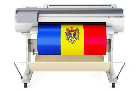 Großformatdrucker, Plotter mit moldawischer Flagge. 3D-Rendering Großforma. Fotos de archivo