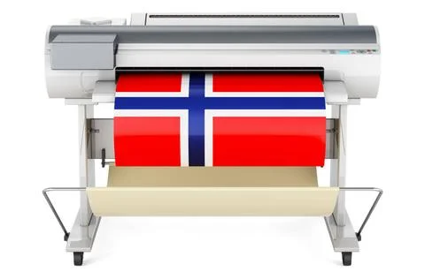 Großformatdrucker, Plotter mit norwegischer Flagge. 3D-Rendering Großforma. Fotos de archivo