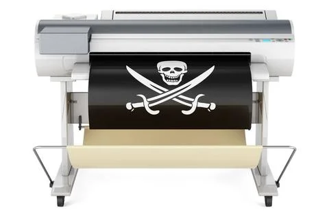Großformatdrucker, Plotter mit Pirateriefahne. 3D-Rendering Wide format pr.. Stock Photos