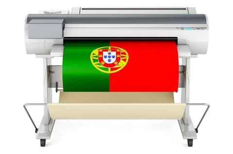 Großformatdrucker, Plotter mit portugiesischer Flagge. 3D-Rendering Großfo. Fotos de archivo