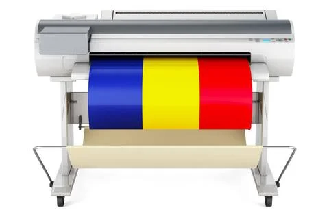 Großformatdrucker, Plotter mit rumänischer Flagge. 3D-Rendering Wide forma. Stock Photos