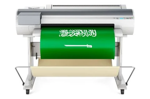 Großformatdrucker, Plotter mit saudi-arabischer Flagge. 3D-Rendering Großf. Foto stock