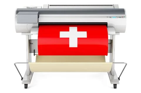 Großformatdrucker, Plotter mit Schweizer Flagge. 3D-Rendering Wide format .. Foto stock