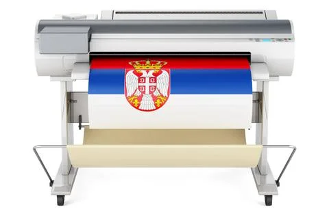 Großformatdrucker, Plotter mit serbischer Flagge. 3D-Rendering Großformatd. Stock Photos