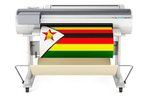 Großformatdrucker, Plotter mit simbabwischer Flagge. 3D-Rendering Großform. Foto stock
