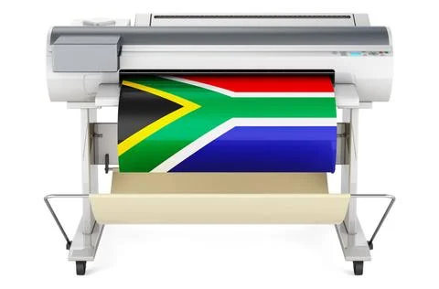 Großformatdrucker, Plotter mit südafrikanischer Flagge. 3D-Rendering Großf Stock Photos