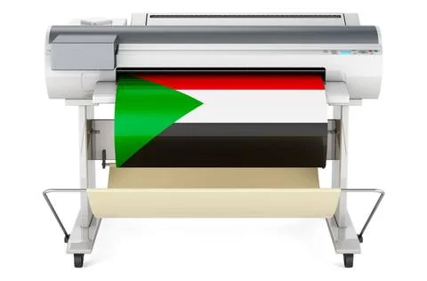 Großformatdrucker, Plotter mit sudanesischer Flagge. 3D-Rendering Großform. Fotos de archivo