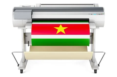 Großformatdrucker, Plotter mit surinamischer Flagge. 3D-Rendering Großform. Fotos de archivo