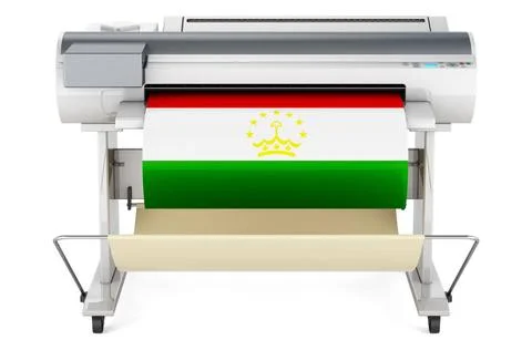 Großformatdrucker, Plotter mit tadschikischer Flagge. 3D-Rendering Wide fo.. Foto stock