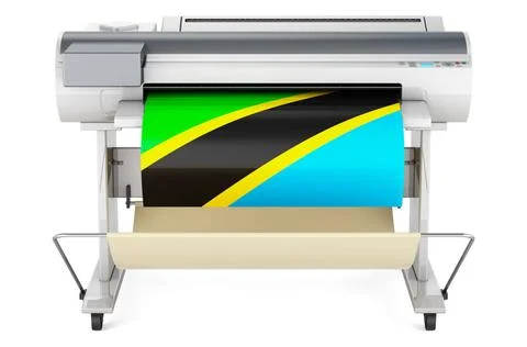 Großformatdrucker, Plotter mit tansanischer Flagge. 3D-Rendering Großforma. Stock Photos