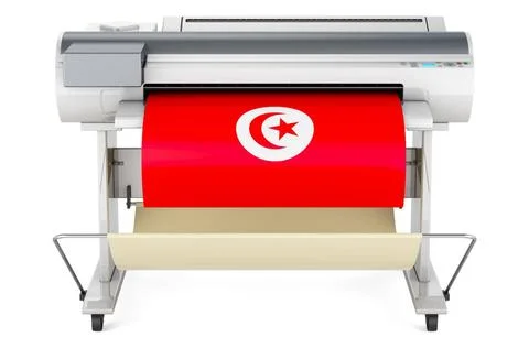 Großformatdrucker, Plotter mit tunesischer Flagge. 3D-Rendering Wide forma.. Fotos de archivo