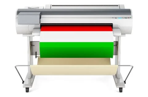 Großformatdrucker, Plotter mit ungarischer Flagge. 3D-Rendering Wide forma.. Stock Photos