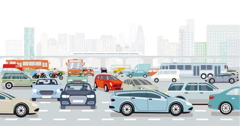 Großstadt in der rush hour in einer Straßenkreuzung im Verkehrsstau Stock Illustration