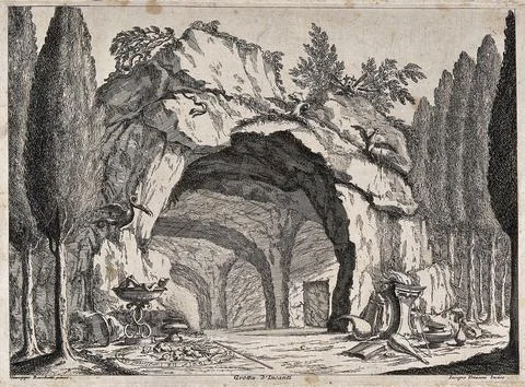 A grotto containing a magic circle, books and mythical creatures. Etching b.. Stock Illustration