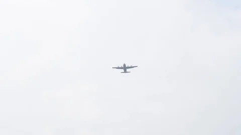 Ground angle view of paratroopers parachuting to earth from a C-17. Stock Footage 74813512