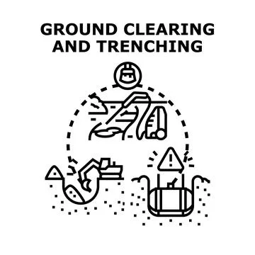 Ground clearing and trenching preparing land for construction engineering Stock Illustration