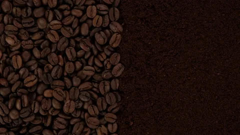 Ground coffee and coffee beans top view, slider shot Stock Footage 209484883