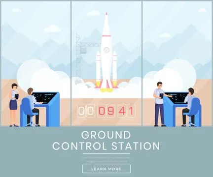 Ground control station web banner template. Rocket science, space exploration Stock Illustration