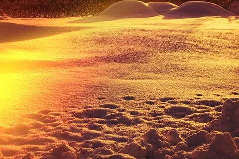The ground is covered in a thick layer of snow, glowing with warm light from  Stock Photos